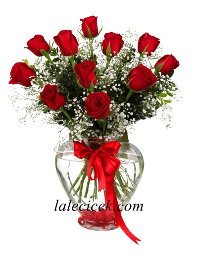 Şeffaf Kalp Cam İçinde Kırmızı 11  Adet Gül